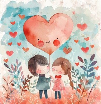 Artistic cute illustration of a couple surrounded by heart-shaped foliage and heart balloon for Valentine's Day. Love concept postcard.