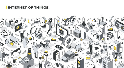 Internet of things. Smart devices connected to the Web of Things and communicating seamlessly. Future of connectivity through internet developments. Isometric illustration