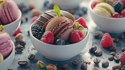 Gourmet summer dessert of artisanal or craft ice cream made with fresh berries, macaroons, coffee beans, pistachio nuts and chocolate served in bowls in a wide angle banner