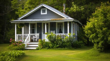 Grey small house with porch and white railings with summer landscape. - obrazy, fototapety, plakaty