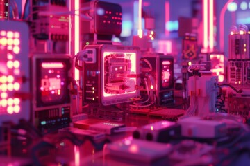 A red neon background with a lot of small computers in the background.