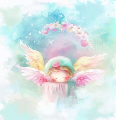 Fototapeta premium Delicate illustration of a sleeping fairy angel child with colorful wings, surrounded by a magical floral garden. Easter poster.