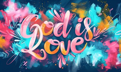 Fototapeta na wymiar God is love - lettering calligraphy on abstract background. Religious concept.