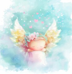 Delicate illustration of a sleeping fairy angel child with colorful wings, surrounded by a magical floral garden. Easter poster.