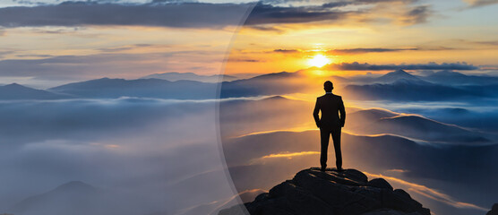 Silhouette of a successful businessman, a man in a suit, standing on top of a mountain and looking at the sunrise, on the background of rocks. Created by artificial intelligence.