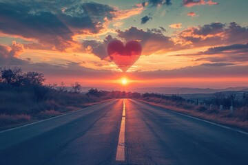 Lovefilled sunset landscape with heartshaped sky and road.