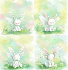 Obraz premium Happy Easter postcard. Whimsical illustration of a cute bunny with angel wings sitting in a serene spring garden. Cute children decor.