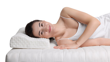 Obraz premium Woman sleeping on orthopedic pillow against white background