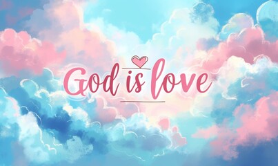 God is love - lettering calligraphy on abstract clouds background. Religious concept.