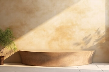 Beige Podium Product Display Presentation with Sandstone and Plants