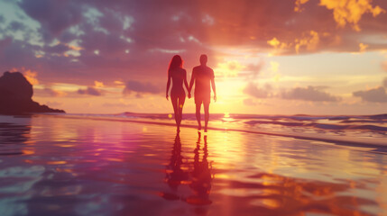 a cute romantic hetrosexual couple walking at a beach at sunset. photo taken behind from the back