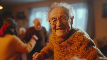 Elderly Joy at a Gathering, senior woman smiles warmly, surrounded by friends at a festive indoor event, encapsulating the joy and community spirit among the elderly - obrazy, fototapety, plakaty
