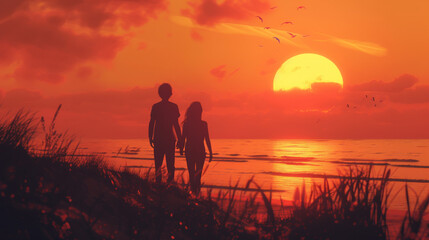 Fototapeta premium a cute romantic hetrosexual couple walking at a beach at sunset. photo taken behind from the back