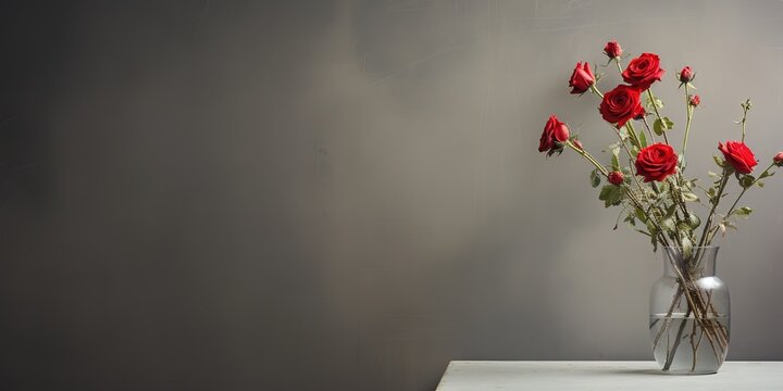 red roses in a vase on a gray background