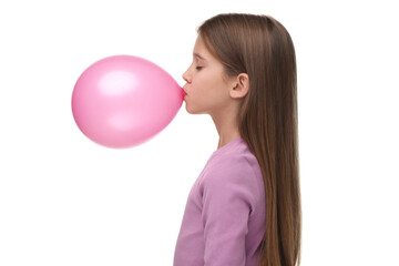 Girl inflating pink balloon on white background