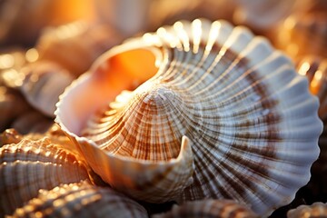 Beautiful sea shells on the beach at sunset. Natural background.