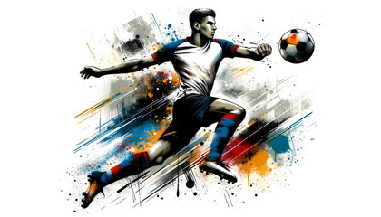 painting graphic of soccer player man kick ball and splash with colors isolated on white background