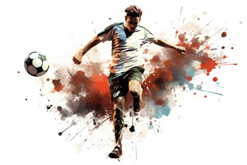 painting graphic of soccer player man kick ball and splash with colors isolated on white background