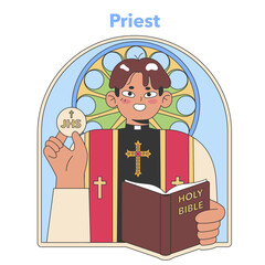 Priest in liturgical vestments holding the Eucharist and Bible, representing the spiritual leadership and sacred rituals in Christian faith. Flat vector illustration
