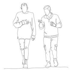 2 men talking. The right one holding coffee. Continuous line drawing. Hand drawn black and white vector illustration in line art style.