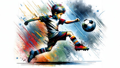 painting graphic of child boy soccer player kick ball and splash with colors isolated on white background