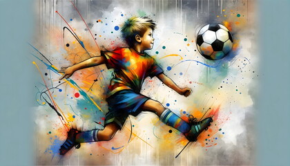 painting graphic of child boy soccer player kick ball and splash with colors