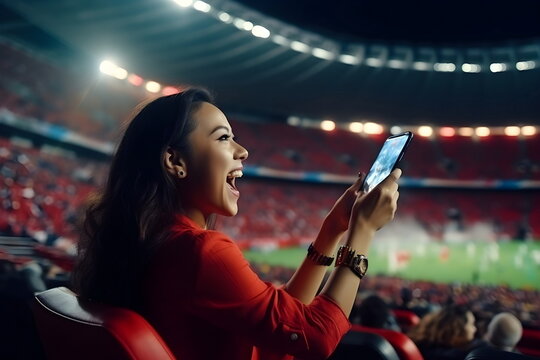 woman soccer fun use mobile phone in the stadium