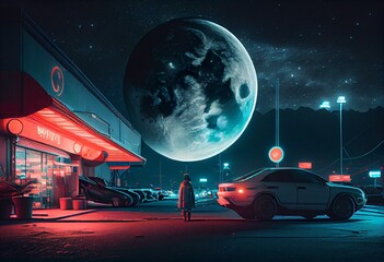 city with moon and stars the parking lot of a western sci-fi cyberpunk neon hd wallpaper. Generative AI - obrazy, fototapety, plakaty
