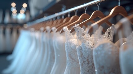 Elegant Bridal Gowns on Display, selection of exquisite bridal gowns hangs in a boutique, showcasing intricate lace details and luxurious fabrics