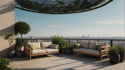The tranquility of an unfurnished rooftop terrace with a minimalistic aesthetic and potted green elements.