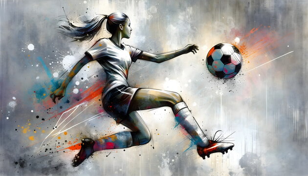 painting graphic of a woman soccer player kick ball and splash with colors isolated on white background
