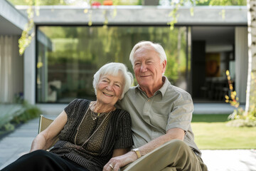 happy elderly Caucasian couple sitting hugging in the yard of their house