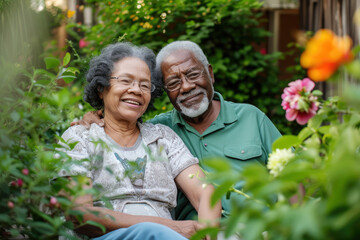 happy elderly black married couple sits hugging in the yard of their house surrounded by plants and flowers