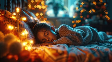 Cozy Winter Slumber Amid Holiday Lights, child sleeps peacefully, wrapped in a warm sweater and festive lights, with the glow of a Christmas tree in the background