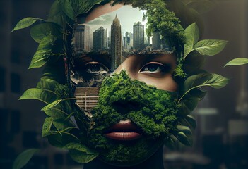 save the green planet concept with face covered with green plants from one side and construction site and buildings from other. Generative AI