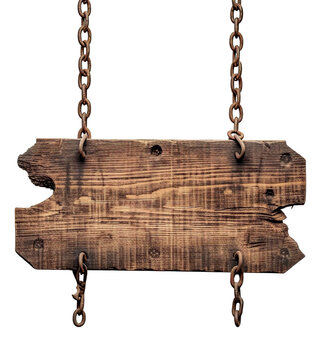 Medieval wooden sign hanging on chains illustration PNG element cut out transparent isolated on white background ,PNG file