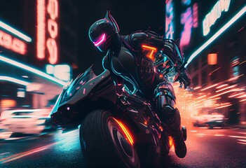 Cyborg rides a huge speed on the motorcycle of the future through the neon streets of the night cyber city. A view of the neon sci-fi city. 3D Rendering. Generative AI