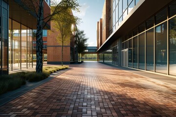 A brick sidewalk with a very large and very modern building.
