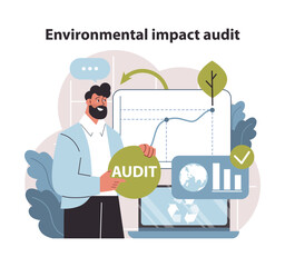 Environmental audit process illustration. Expert conducting a thorough review of eco-impact data. Ensuring sustainable practices are in place. Flat vector illustration.