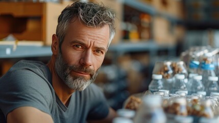 Thoughtful Man in Organic Food Store, mature man with a contemplative expression stands among jars of organic products, symbolizing sustainable living and conscious consumerism - obrazy, fototapety, plakaty
