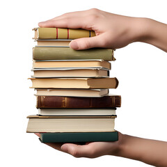 Woman hands holding pile of books isolated on white background