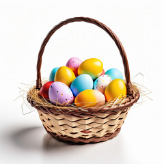 Fototapeta na wymiar Cesto de palha pequeno com ovos de páscoa coloridos, isolado em fundo branco.