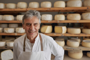 adult smiling male cheese maker against the background of a rack with heads of cheese