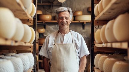 Adult smiling male cheese maker between cheese storage racks - obrazy, fototapety, plakaty
