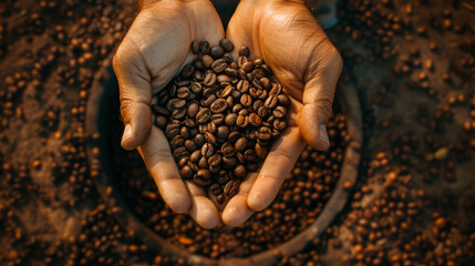 Naklejka premium a human person hands holding coffee beans. top down perspective from up above. farmer working at coffee plantation. coffee import and export. wallpaper background