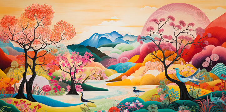 Colorful paintings of cherry blossoms, mountains and landscapes. High mountains with snow, rivers, lakes, trees and animals in nature.