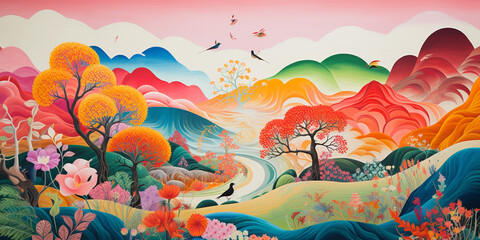 Colorful paintings of cherry blossoms, mountains and landscapes. High mountains with snow, rivers, lakes, trees and animals in nature.