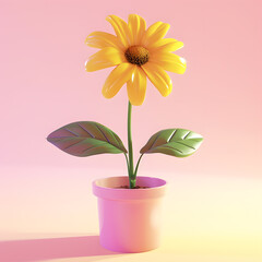 3D cartoon yellow flower in pink pot 