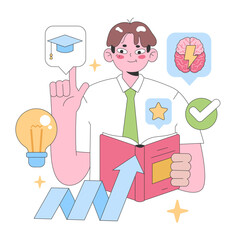 Continuous learning concept. Enthusiastic young man pointing at graduation cap, brain symbol, and light bulb, showcasing academic achievements and cognitive growth. Flat vector illustration