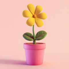 3D cartoon yellow flower in pink pot 
